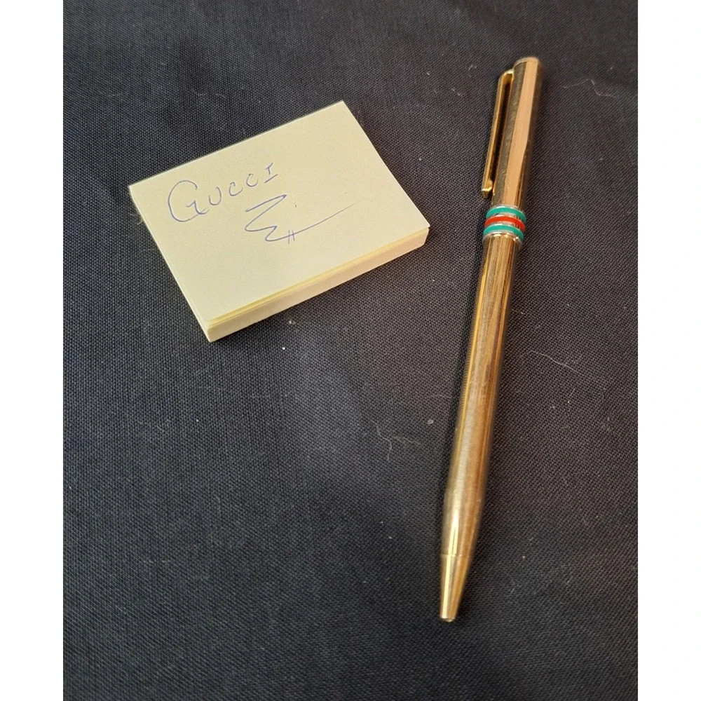 Vintage Gucci Gold Tone Ballpoint Pen Green Red Sherry Line Stripe GG Logo‎